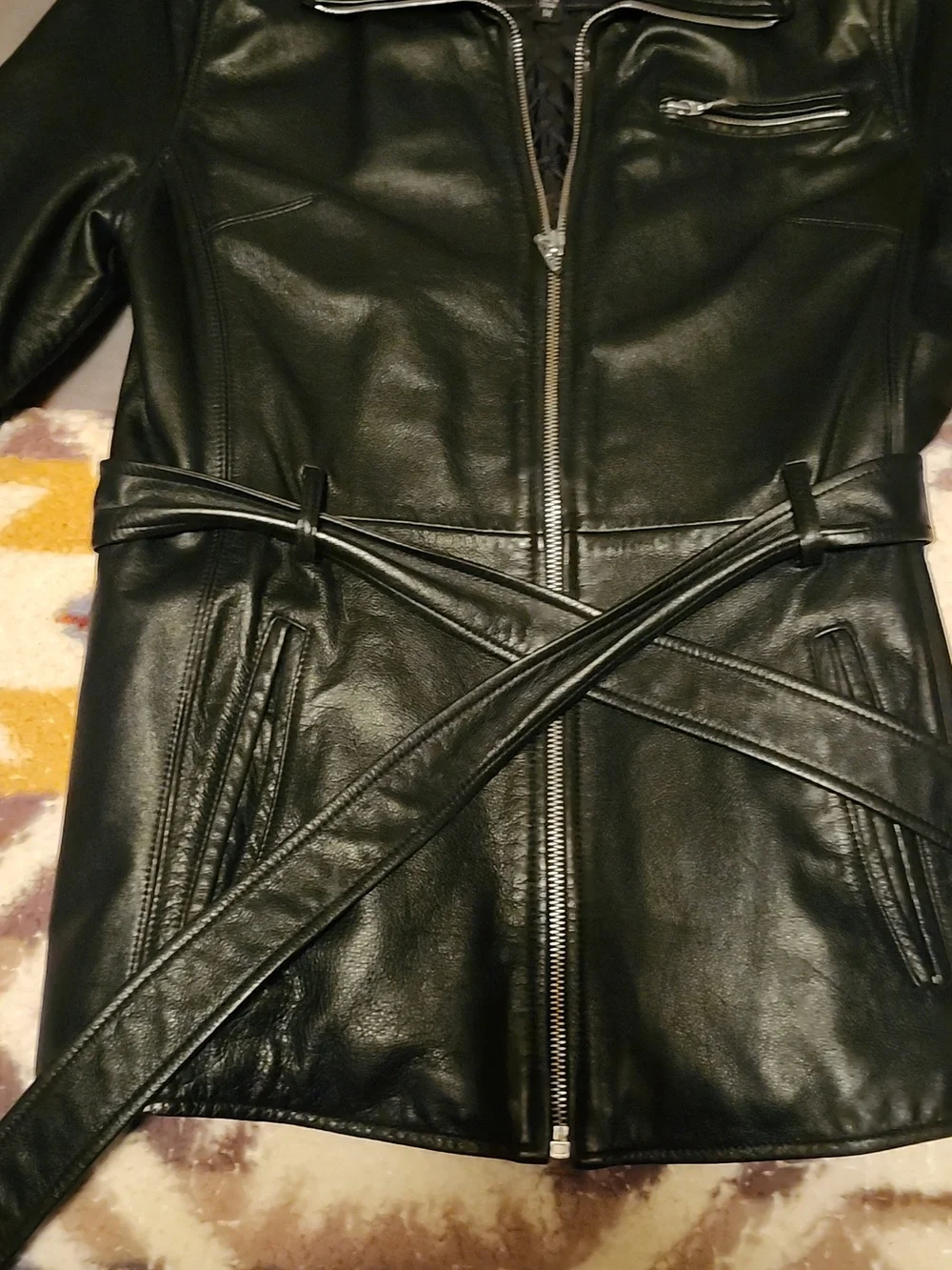Womens Black Leather Zip Front Jacket with Belt - Picture 2 of 9